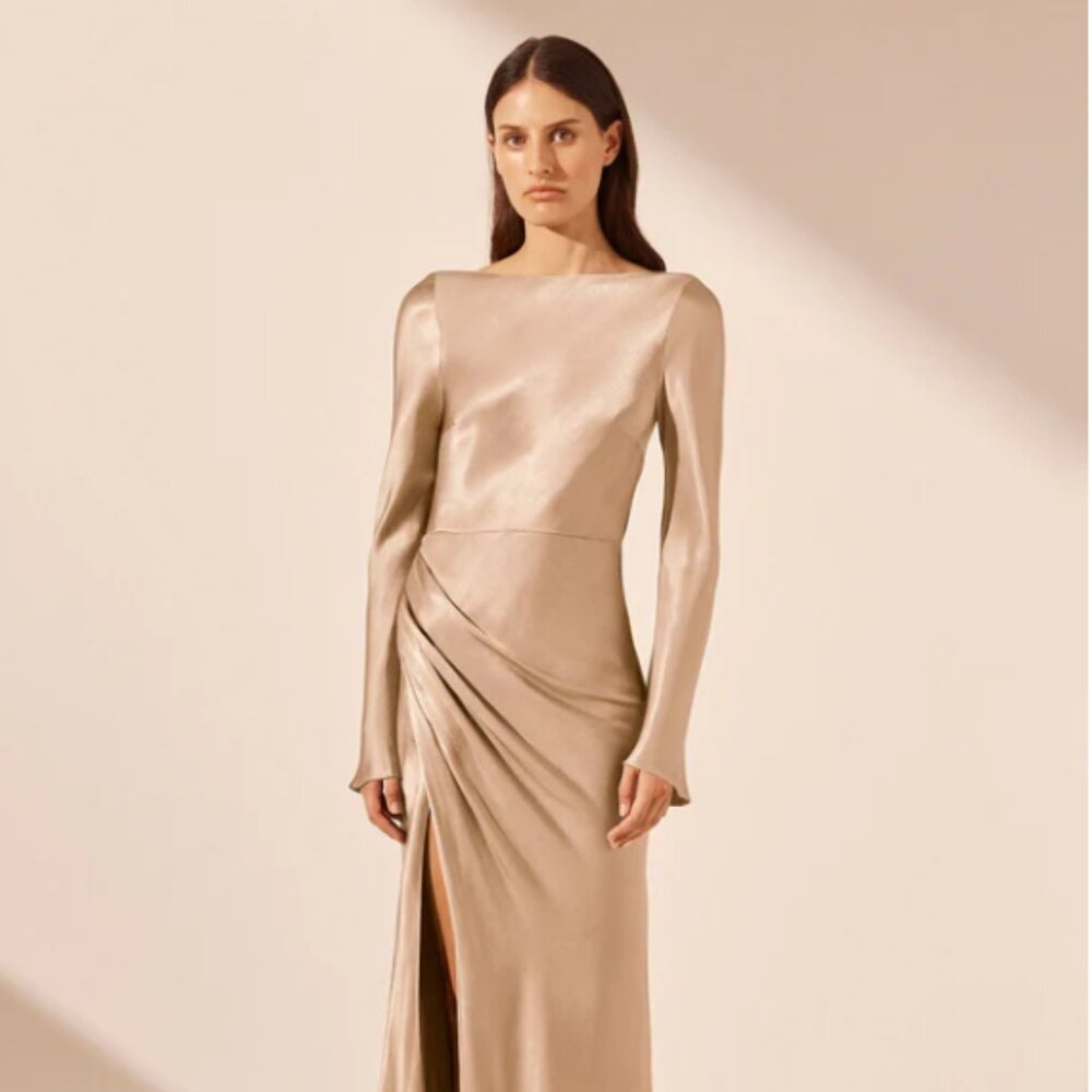 Shona Joy La Lune Flared Sleeve Side Split Midi Dress - Gold